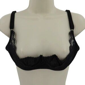 VTG Fredericks of Hollywood 36C Bra Black Scallop Lace Open Bust Underwire Sexy
